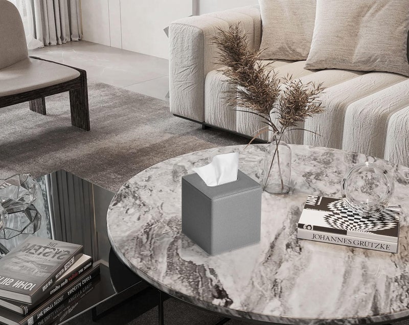 GOLRANLYE Tissue Box Cover Square PU Leather Facial Tissue Box Holder for Dresser Bathroom Decor (Linen Grey) - Image 2